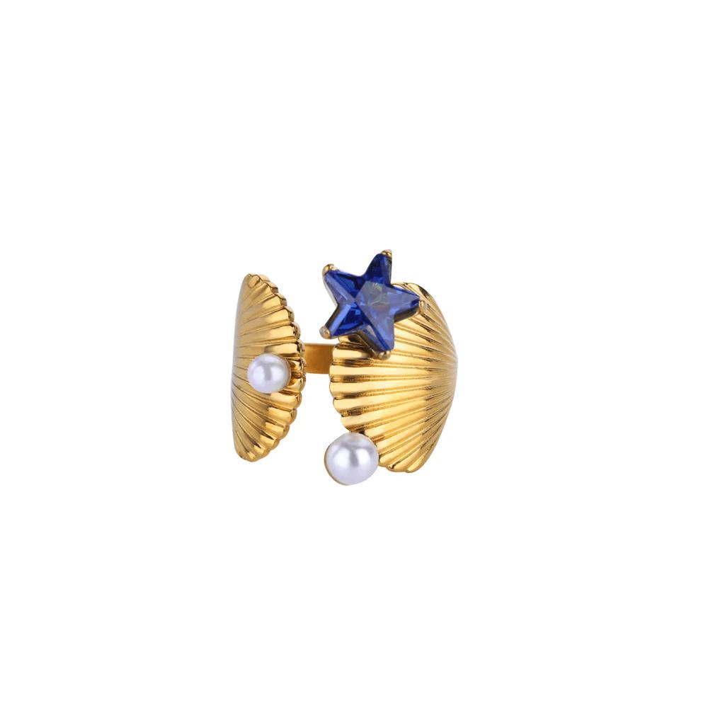 Hot-selling ocean wind starfish shell stainless steel open ring gold-plated women's vacation jewelry