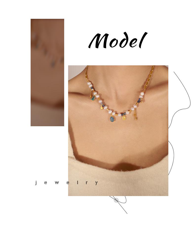 European-American Court Style Gold-Plated Titanium Necklace with Freshwater Pearls & Natural Stone Beads