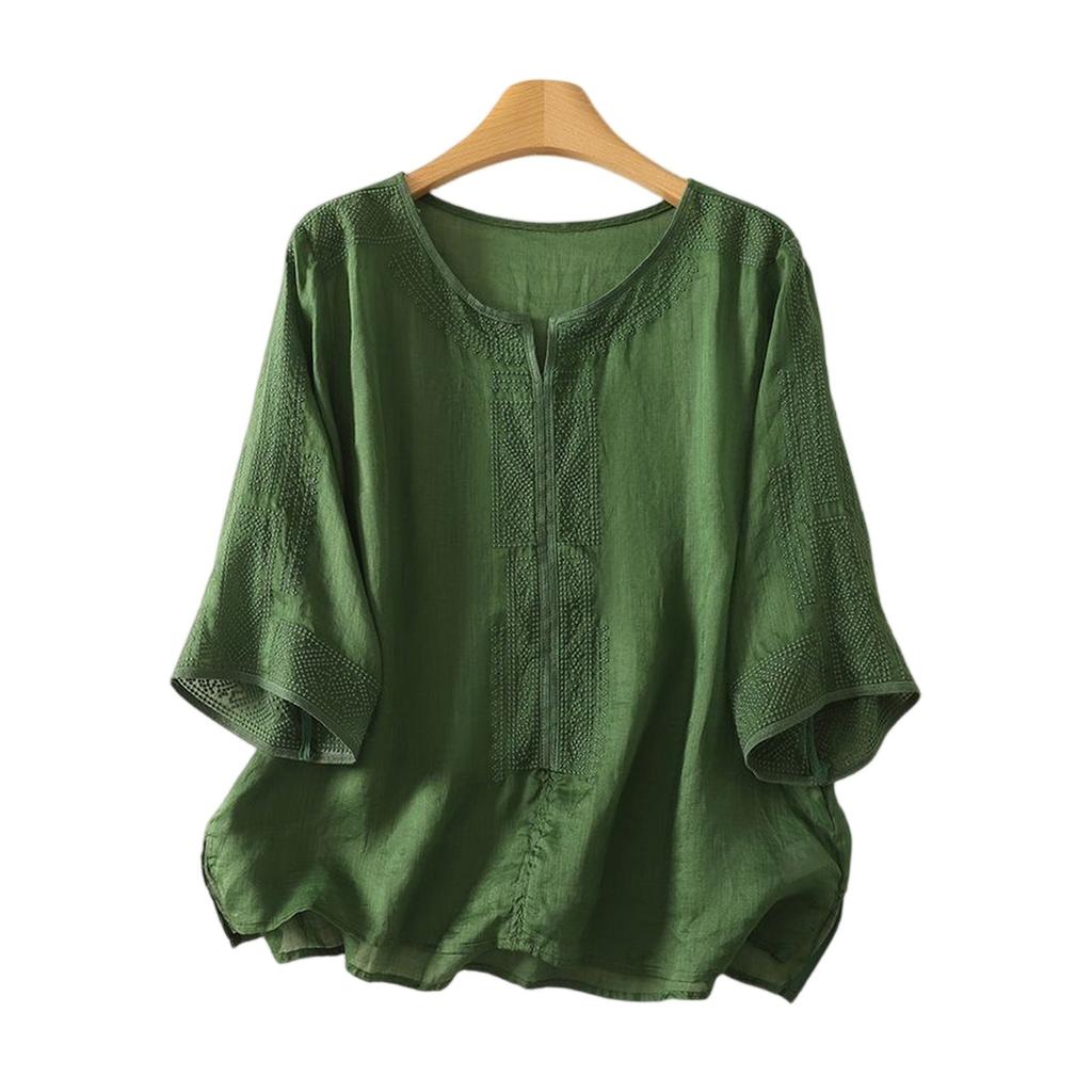 Fashionable Women's Cotton Linen Embroidered V-neck Short-sleeved T-shirt, Loose Summer Top