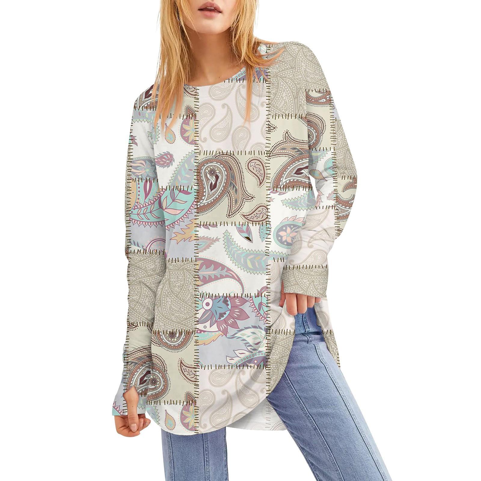 

Женская свободная футболка средней длины с круглым вырезом и длинными рукавами в стиле ретро, ​​топ с дырявым большим пальцем XXXL хаки