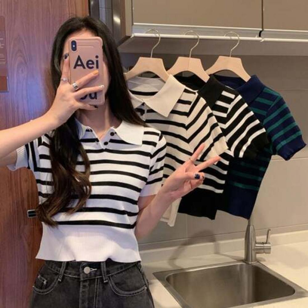 Shop Women Stripe Collar Short Sleeve Knit Won Wkn Wfab552