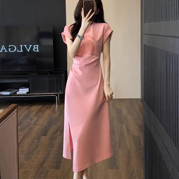 Chic Digital Print T-shirt Dress for Women – Slimming, Waist-Cinching, Split Mid-Length Skirt 2XL
