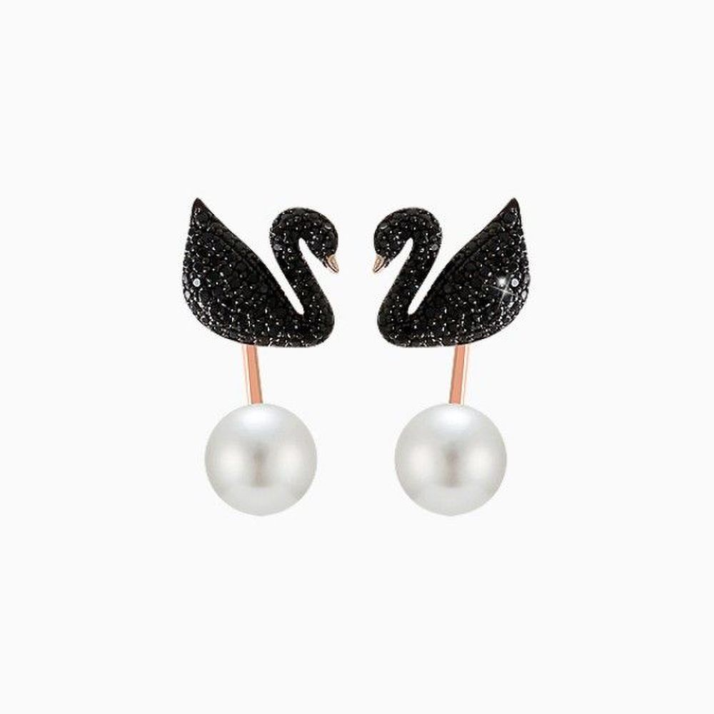 Earrings Black Cubic Swan Pearl (Silver)