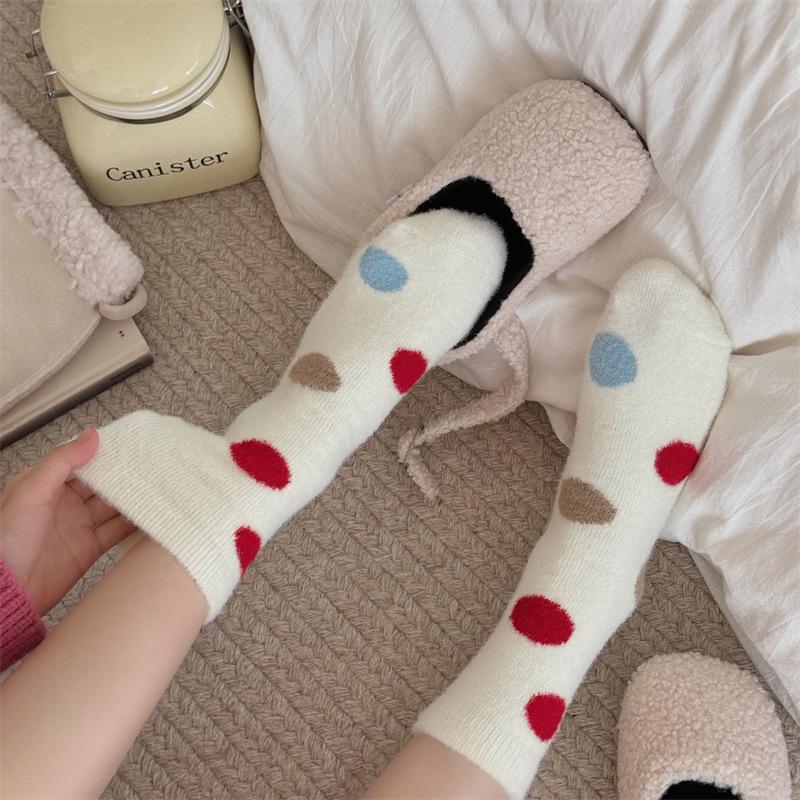 Australian Velvet Warm Autumn and Winter Girls' Pink Postpartum Socks, Bow Mid-calf Floor Socks, Versatile Polka Dot Cartoon Embroidered Socks