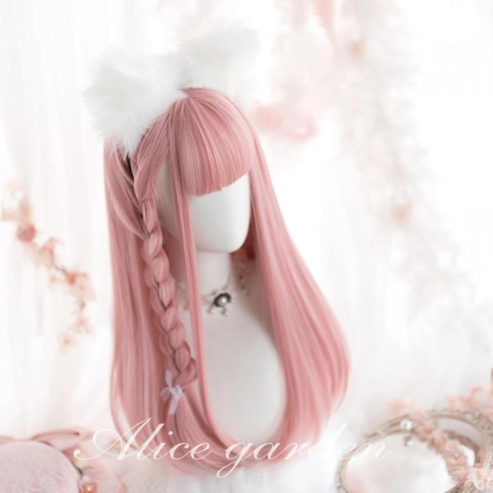 Synthetic Wig Pink Long Straight Wig With Bangs For Women Long Hair Heat Resistant Lolita Cosplay Party