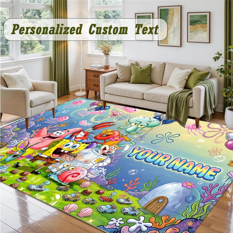 Crystal Velvet Square Rug Custom NameSpongeBob Pattern Non Slip Home Floor Decor Rug