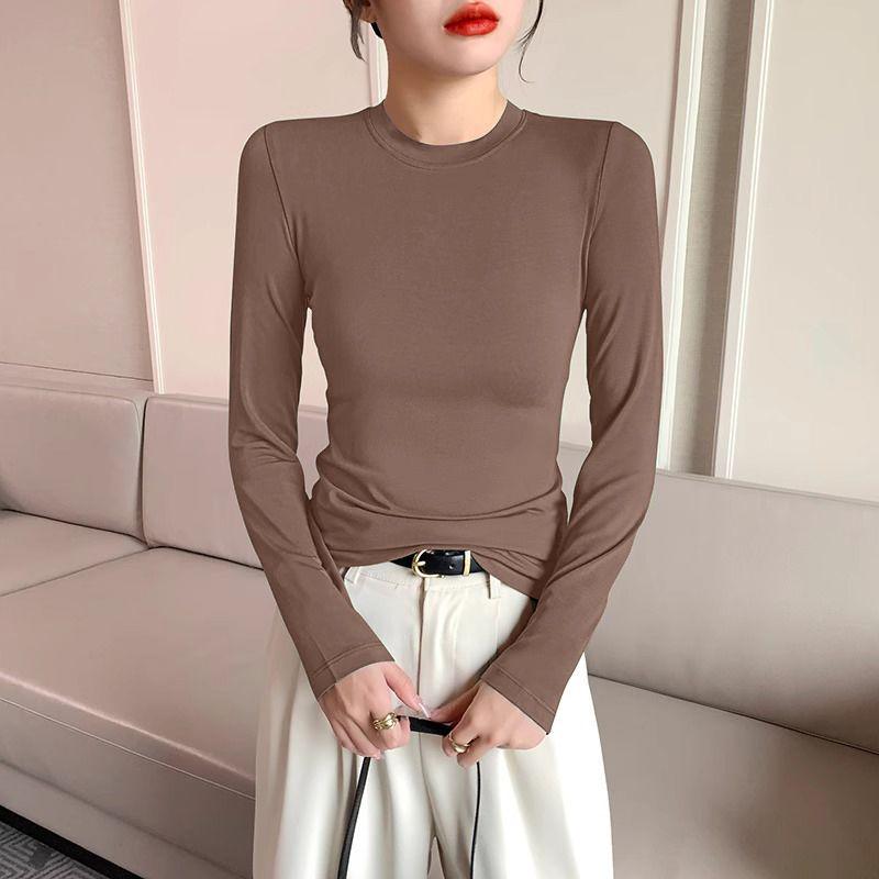 Women's Black Modal Crew Neck Long Sleeve Base Layer Top - Slim Fit, Low Neck Design for 2025 Autumn/Winter