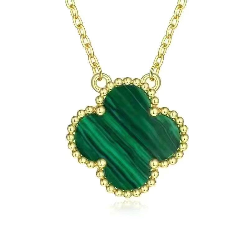 18K Gold-Plated V Design Four-Leaf Clover Necklace with Rose Red Chalcedony, Agate, and White Shell Pendant