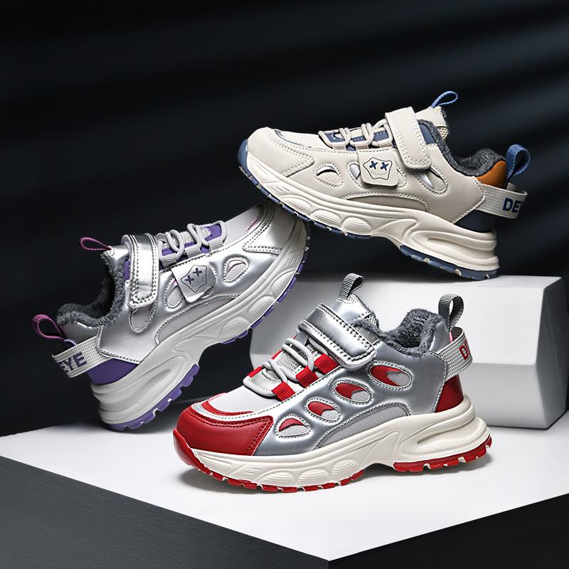 2025 winter new children's cotton shoes velvet warm Velcro men's and women's sports shoes lightweight student running shoes