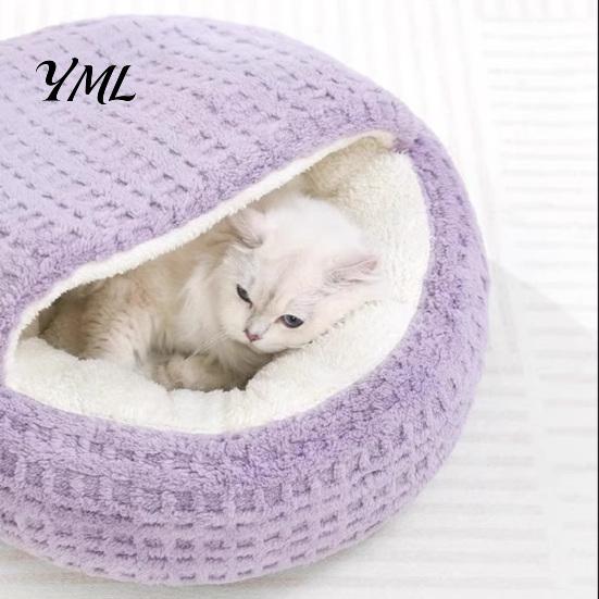 Warm Plush Bed for Kittens Large Cats Covered Cat Bed, Semi Enclosed Cave Hooded Self Warming with Non-Slip Bottom Indoor Small Medium Hideout