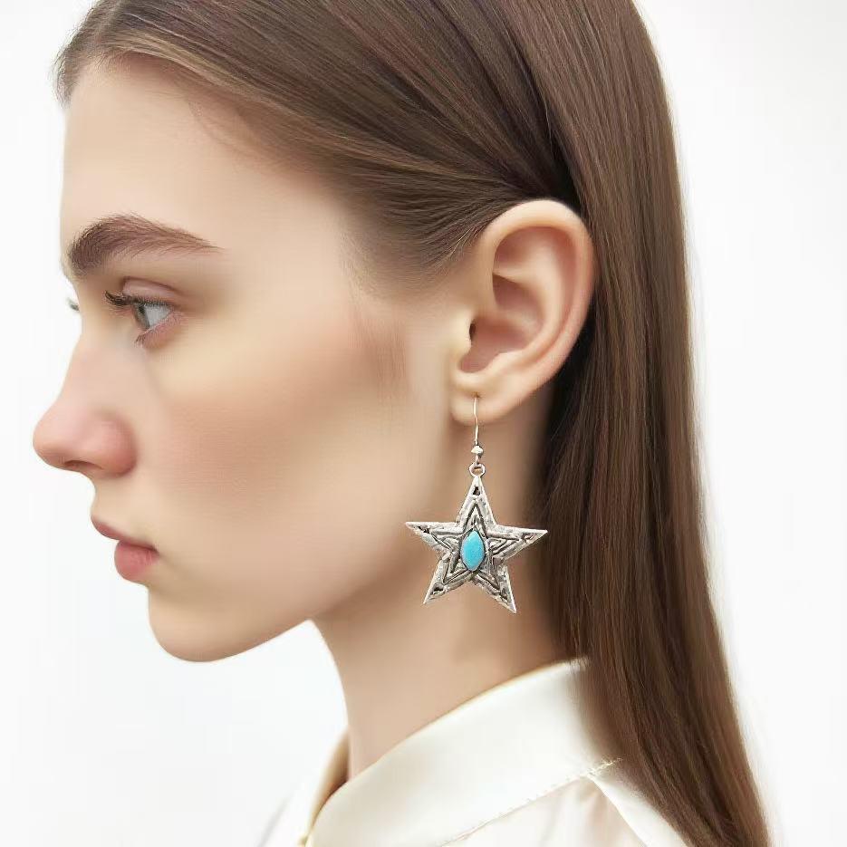 Turquoise Tribal Carved Starfish Earrings, Antique Silver-Plated Zinc Alloy, Retro Style Jewelry.