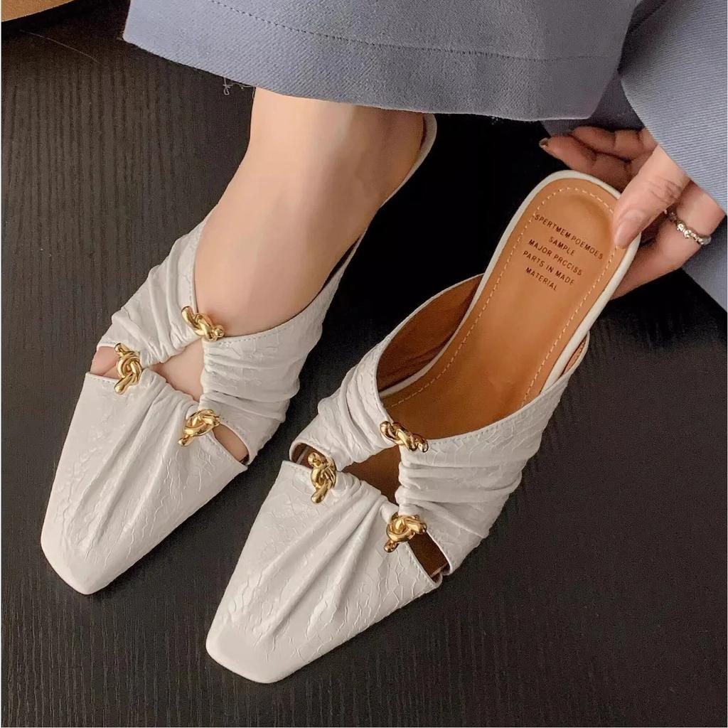 Baotou Cool Slippers Spring And Summer Triangular Buckle Hollow Thick Heel Wrinkled M Ü Ller Shoes For Women