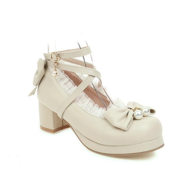 Girls High Heel Shoes Lolita Ruffles Bowknot Lace Wedding Shoes Women High Heel Princess Dress Party Shoes Plus Size 30-46