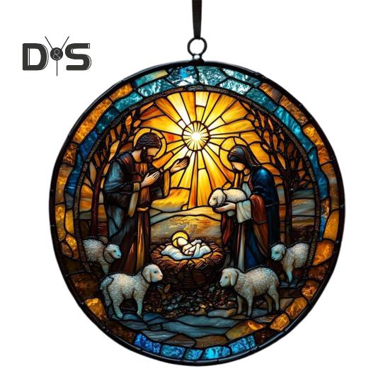 Weihnachtskrippe, handgefertigt, runder Sonnenfänger, Babys erstes Weihnachtsfest, christliches religiöses Geschenk für Baum, Fensterdekoration