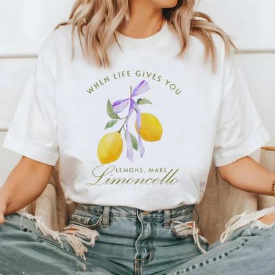 Kurzarm Frucht Zitrone Muster Modisches 90er Jahre Damen T-Shirt Reguläres Oberteil Basic Lässig Cartoon Damen Bedrucktes Weißes T-Shirt