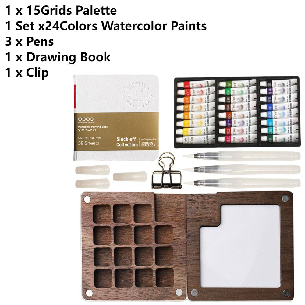 New Mini Watercolor Paint Set Portable Pocket Artist Travel Art Painting Kit with Clip Wooden 8/15 Grid Box Miniature Color Set