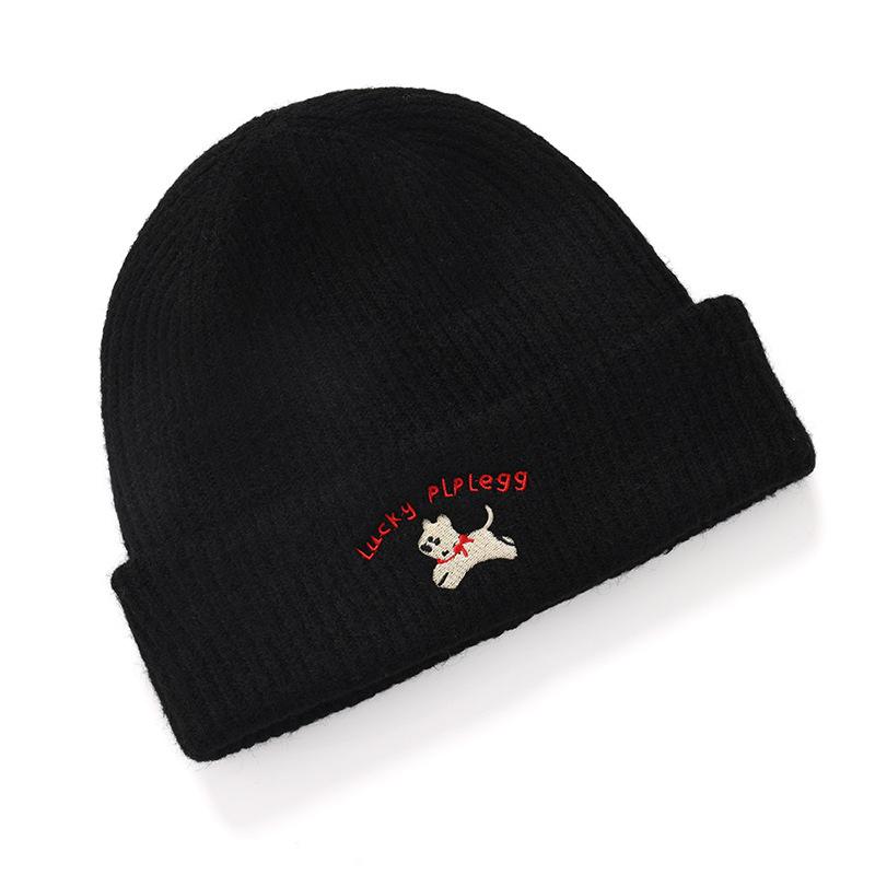 Wool hat women's winter knitted hat women's autumn and winter cold hat scarf winter warmth women's ear protection puppy embroidery