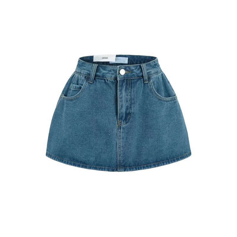 

Summer New Product Women s Clothes French Vintage Style High Waist Anti-Exposure Hem A- line Bubble Effect Short Denim Skirt Dark Blue L