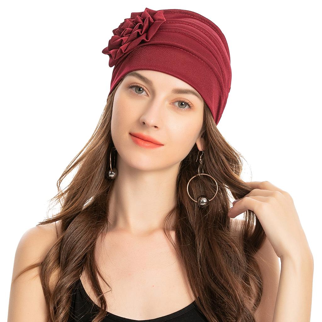 Muslim Fashion Solid Color Women Hijab Turban Beanie Hat Wth Flower Chemo Headwear Elastic Head Wrap Cap