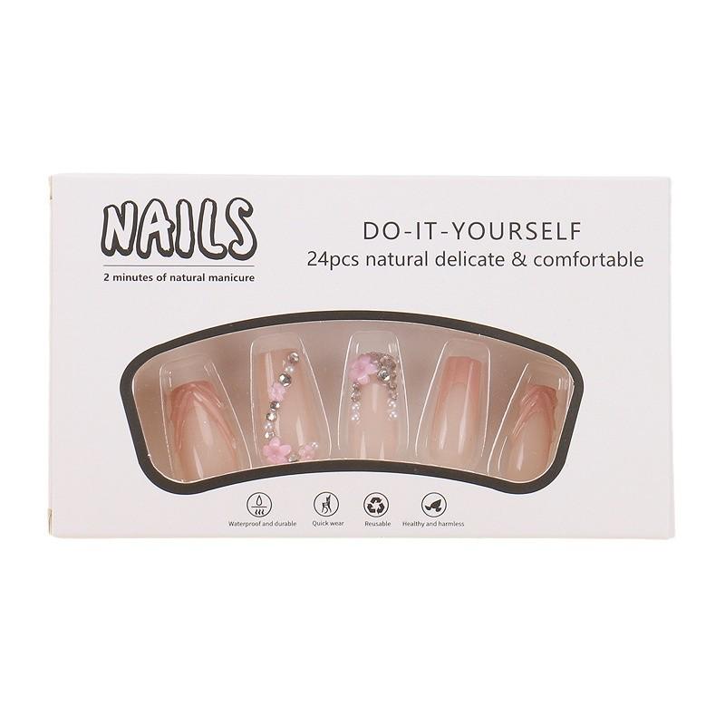 European & American Style Flash Diamond Flower French Manicure Press-On Nail Tips