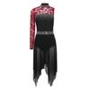Women Modern Dance Costume Single Sleeve Dress Floral Lace Mesh Patchwork Rhinestone Classical Ballet Dance Outfit Lyrical Dress