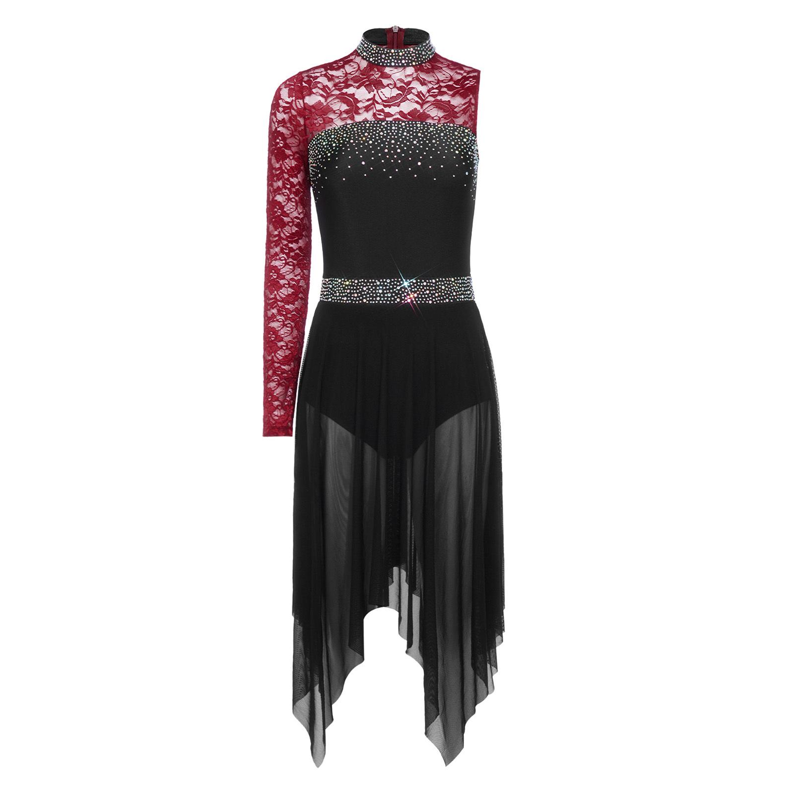 

Womens Lyrical Dance Asymmetrical Bodysuit Dress Single Long Sleeve Floral Lace Irregular Hem Skirt M бордовий