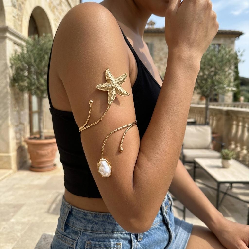 Elegant Irregular Imitation Pearl Cuff Bracelet for Women Boho Starfish Upper Arm Bangle Beach Adjustable Party Jewelry Gift