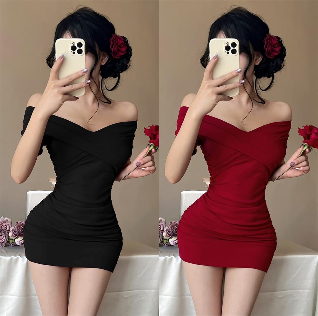 Nightclub Vneck sexy oneword shoulder shortsleeved dress tight body pure desire backless club foot massage hip wrap skirt