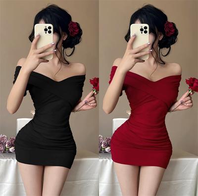 Nightclub Vneck Sexy Oneword Shoulder Shortsleeved Dress Tight Body Pure Desire Backless Club Foot Massage Hip Wrap Skirt