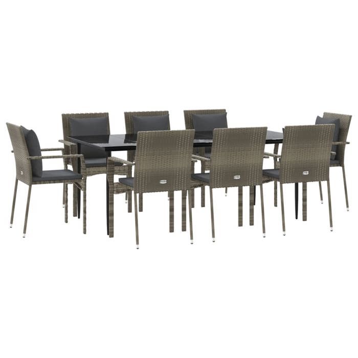 VidaXL Ensemble de salle à manger jardin 9pcs et coussins noir et gris 3185106