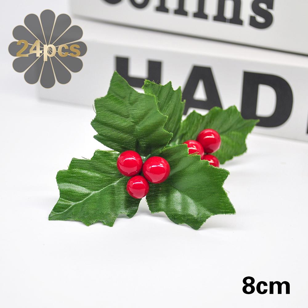 24pcs Christmas Tree Leaf and Artificial Berry Red Cherry Christmas Pendant Wedding Birthday Party Garden Home Store Decoration