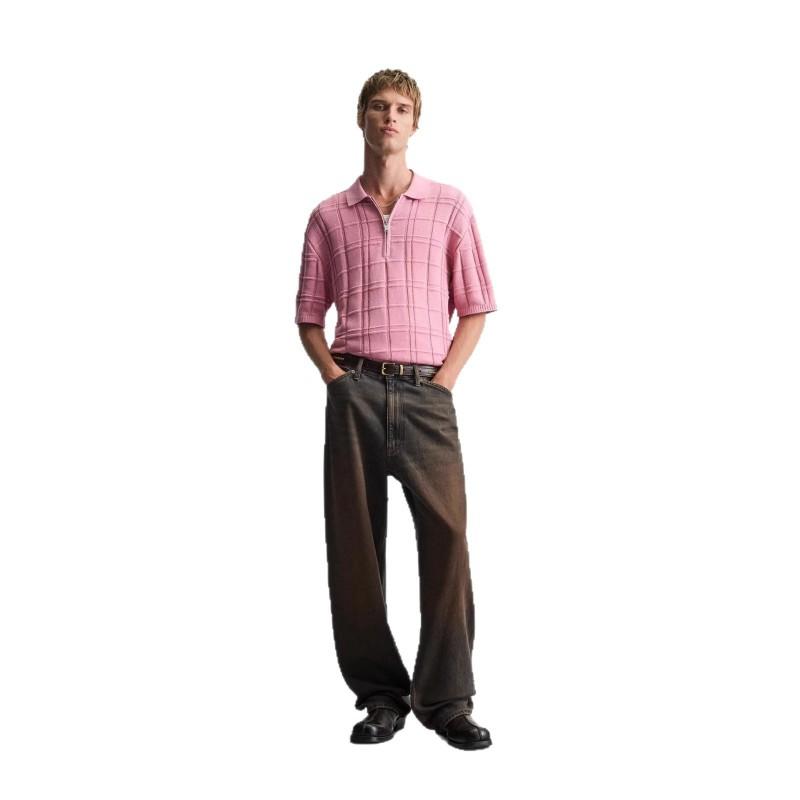 Mens Loose Knit Polo Shirt Cotton Plaid Jacquard Hip Hop Style Comfortable Casual Age-Reducing