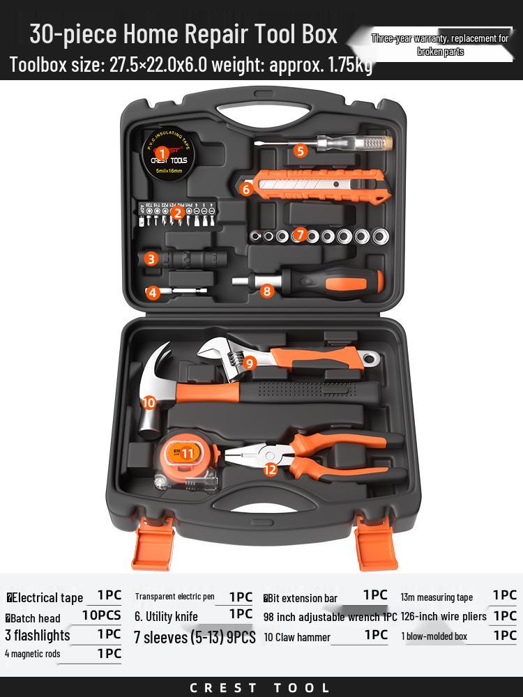 Household Repair Tool Set - Includes Pliers, Hammer, Wrench, and Combination Box