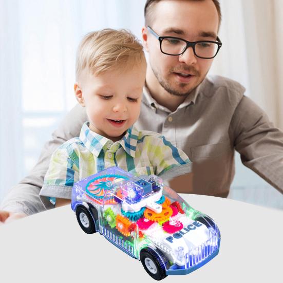 Light Up Toy Car with Universal Wheels Transparent Car Model with Colorful LED Lights Spinning Gears Music Mini Car Sensory Toys for Boys 3+