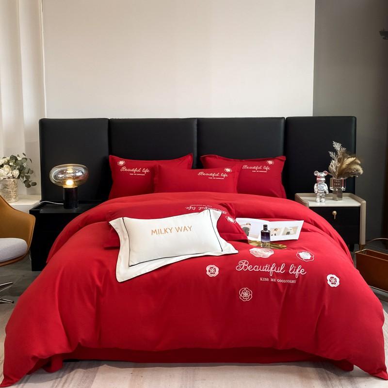 Luxury Embroidered Brushed Cotton Blend Bedding Set Solid Color Thickened Duvet Cover Sheet Pillowcases European Style All Season