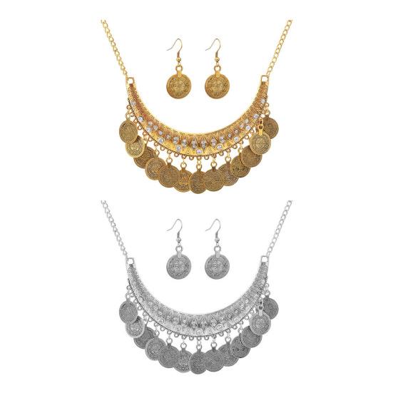 2 Stück/Set Halskette Ohrringe Set Verstellbare Kette Retro Graviertes Muster Münze Quasten Braut Halskette mit Strasssteinen Eingelegt Schmuck Geschenk