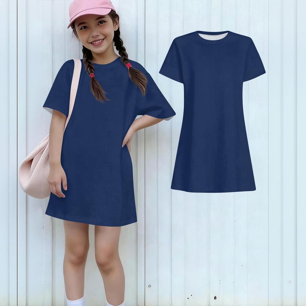 Girls Casual Sundress Kids Loose Round Neck Short Sleeve Lightweight Dress