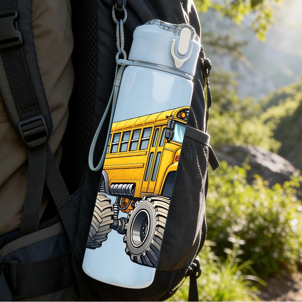 1PC Yellow Monster Truck School Bus Vehicle 750ml Color Plastic Sports Water Bottle Leakproof Flip Straw Lid Suitable for Sports Office Home Use