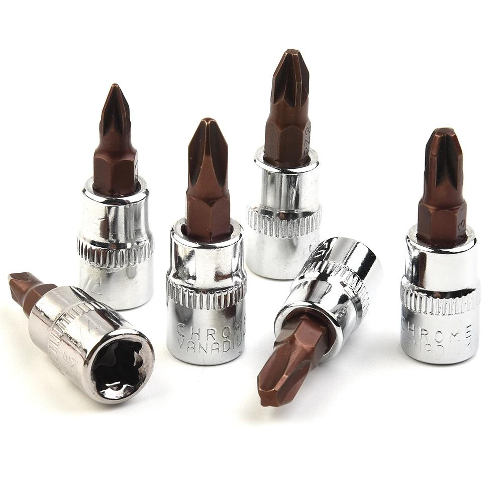 6pcs 1/4 Inch Drive Cross Socket Bit Set PH1 PH2 PH3 PZ1 PZ2 PZ3 Screwdriver Bits Chrome Vanadium Steel Wrench Hand Tool