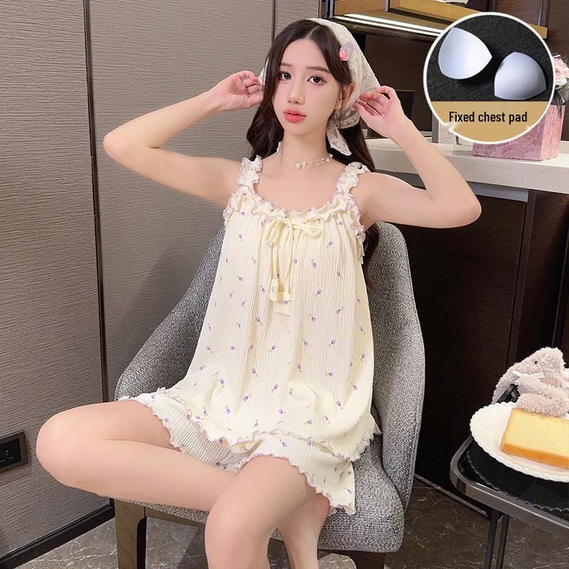 Women's Summer Bubble Cotton Pajamas - Cute Princess Style with Chest Pads & Suspender Shorts, Ideal for Homewear