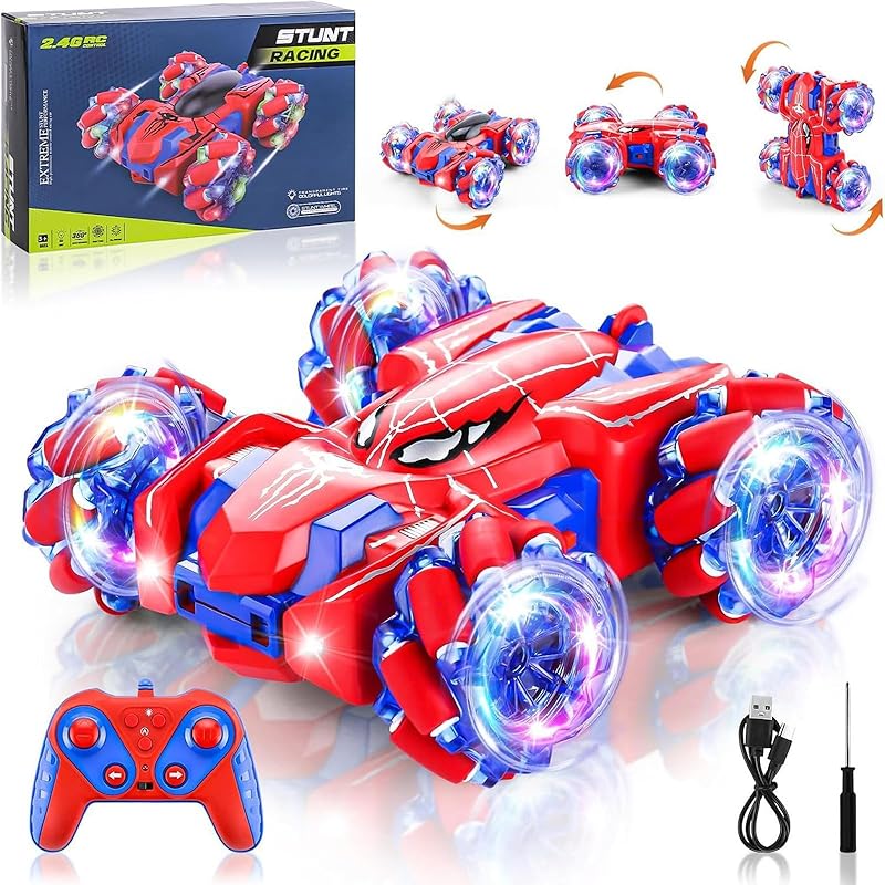 Spider Remote Control Car, Double Sided 360°Rotating USB Direct Charging RC Cars with Cool Lights, 2.4Ghz Drift RC Stunt Car, 360°Rotating 4WD