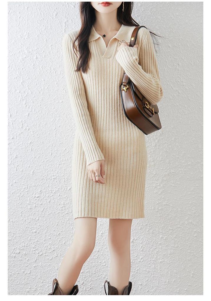 Women's Polo Neck Wool Sweater Dress - Slim Fit, Knee-Length, Ideal as Base Layer for Autumn/Winter Coats