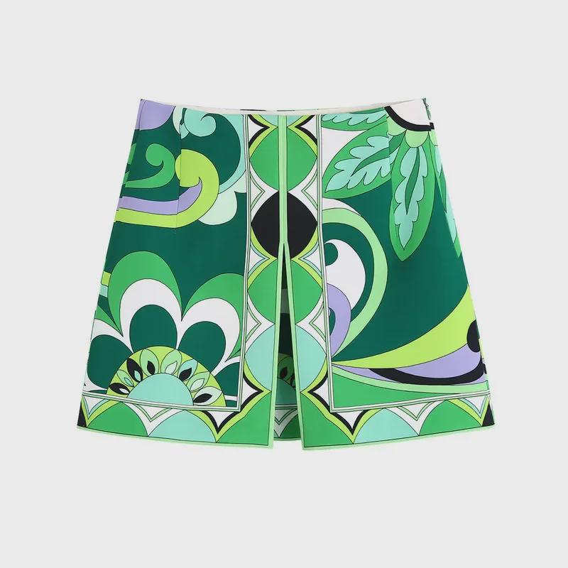Spring 2022 European & American Style Women's Green Print Shirt & Skirt Set