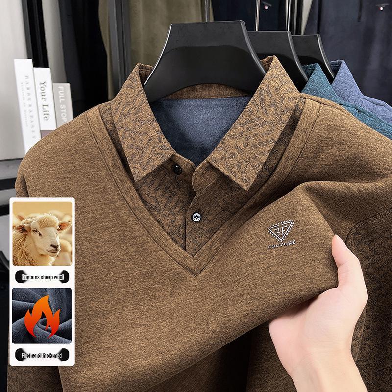 Premium Men's Knitwear: Fake Two-Piece Warm Sweater for Middle-Aged & Elderly (50-60+), Plus Velvet, Thickened Grandpa Style