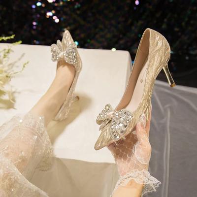 Fashion Crystal Bowknot Bling Wedding Shoes for Women Silver Gold Thin Heel Pumps Woman Sexy Pointed Toe Shining High Heels Shoes