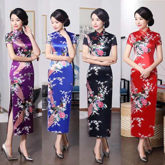 Abito Midi Cheongsam da Donna Cinese a Maniche Corte con Spacco sull'Orlo a Pavone per Banchetto