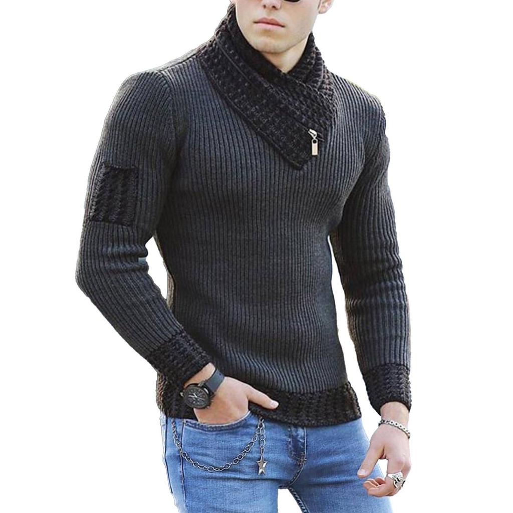 Men's Casual Solid-color Patchwork Style Long-sleeved High-neck Sweater, Men's Fitted Knitted Pullover, Scarf Collar Sweater