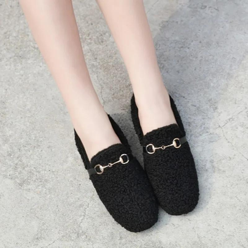 2024 Brand Ladies Shoes Slip-on Women's Flats Metal Decoration Casual Flats Women New Plus Size Short Plush Flat Shoes