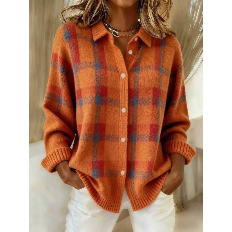 Women's Casual Plaid Long Sleeve Lapel Cardigan Sweater for Autumn and Winter