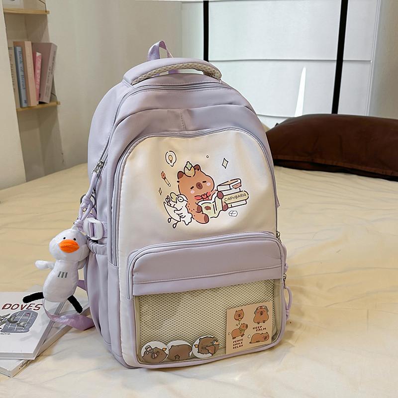 Capybara Cartoon Backpack For School Students With Breathable Nylon Material And Large Capacity